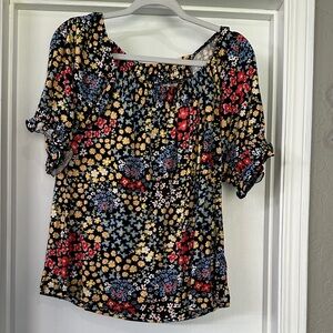 LuLaRoe Lily Black Floral Puff-Sleeve Blouse with Red, Yellow, Blue Flowers